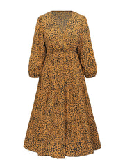 Leopard Print Lantern Sleeve Maxi Dress
