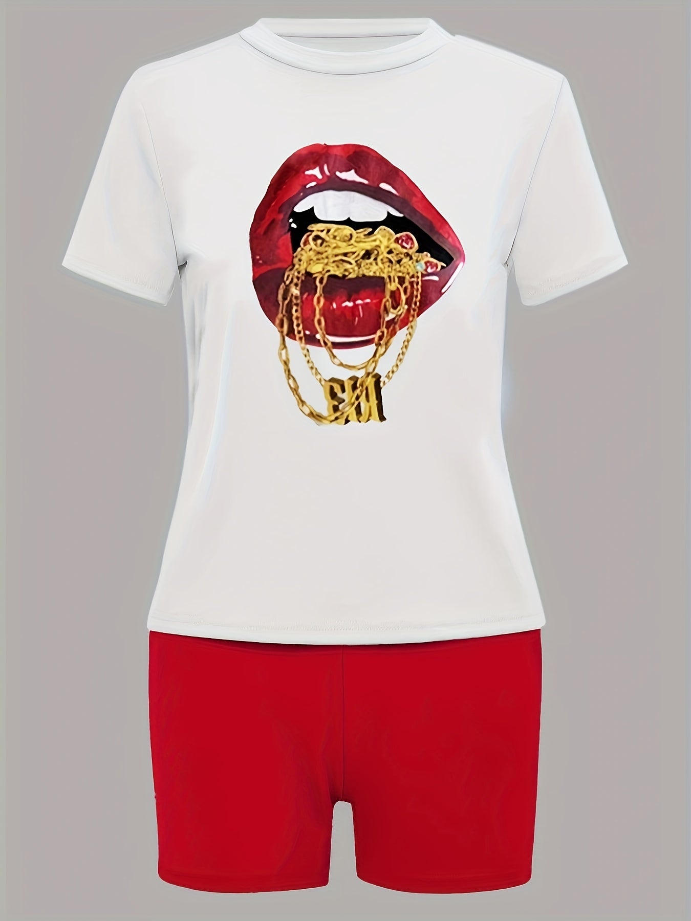 Women's Plus Red Lip Print Top & Shorts Set