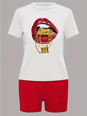 Women's Plus Red Lip Print Top & Shorts Set