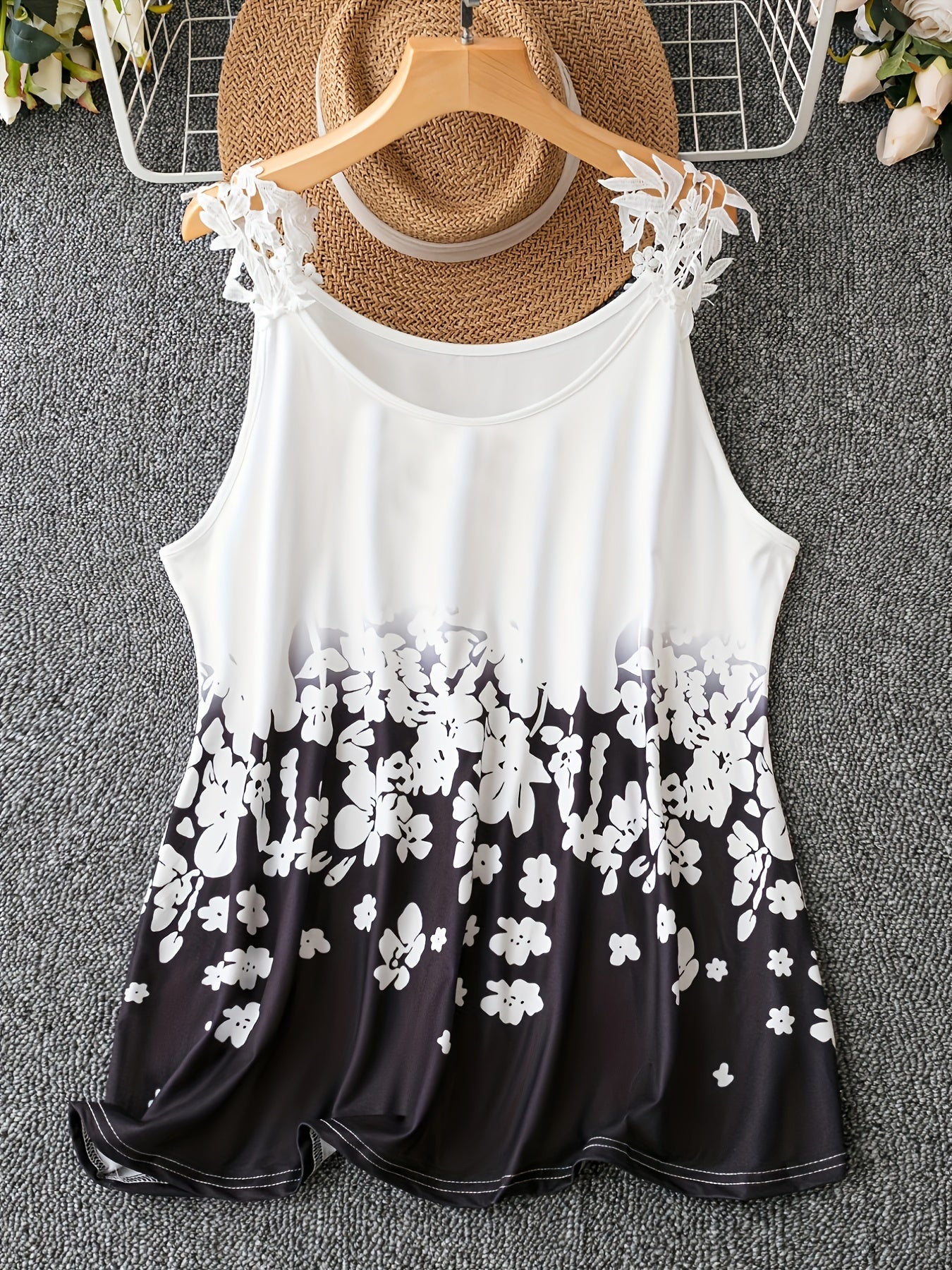  Colorblock Floral Print Lace Strap Tank Top