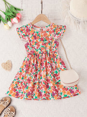 Girls Ruffle Trim Flowers Graphic Princess Dress For Party Beach Vacation