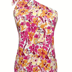 Floral Print One Shoulder Top Boho Summer Knot Sleeveless Top Women