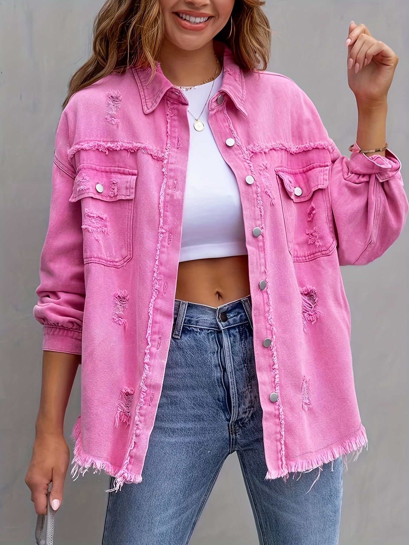  Solid Button Up Denim Jacket with Fringe Trim
