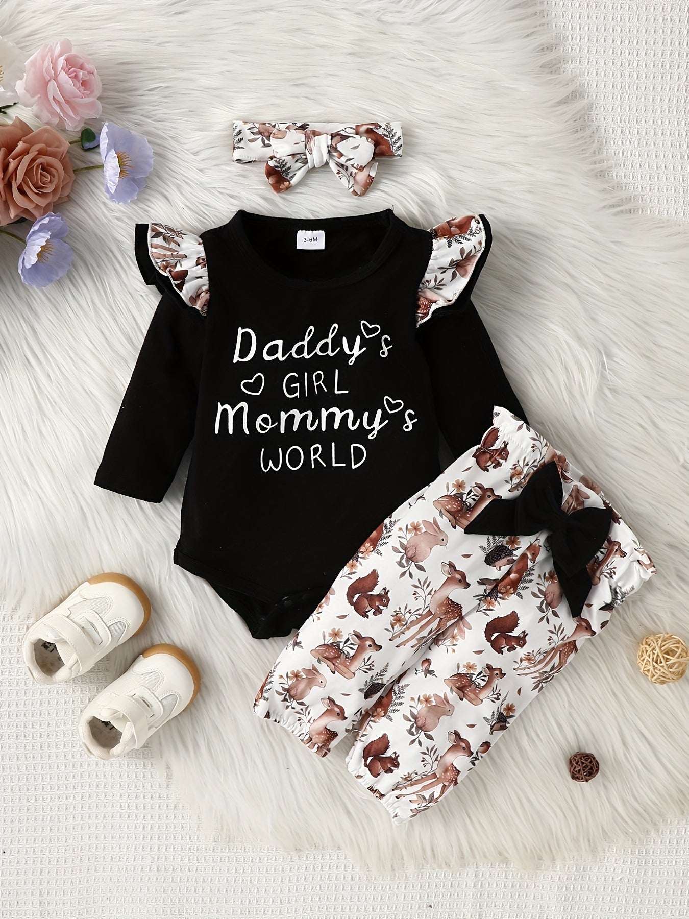 Cute Baby Girls 3 Piece Outfit Squirrel Print Ruffle Sleeve Bodysuit Pants & Hea