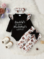 Cute Baby Girls 3 Piece Outfit Squirrel Print Ruffle Sleeve Bodysuit Pants & Hea