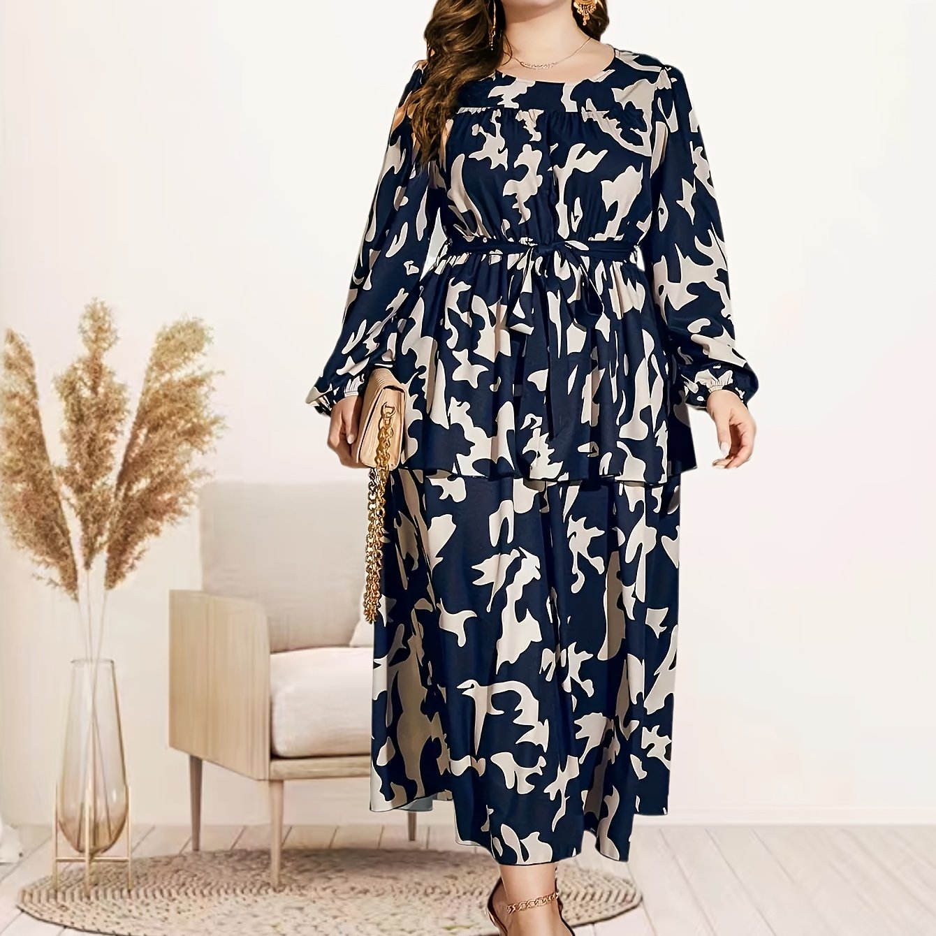  Allover Print Lantern Sleeve Maxi Dress With Belt