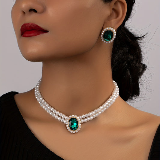 Vintage Emerald Stud Earrings & Faux Pearl Choker Necklace Set