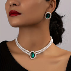 Vintage Emerald Stud Earrings & Faux Pearl Choker Necklace Set