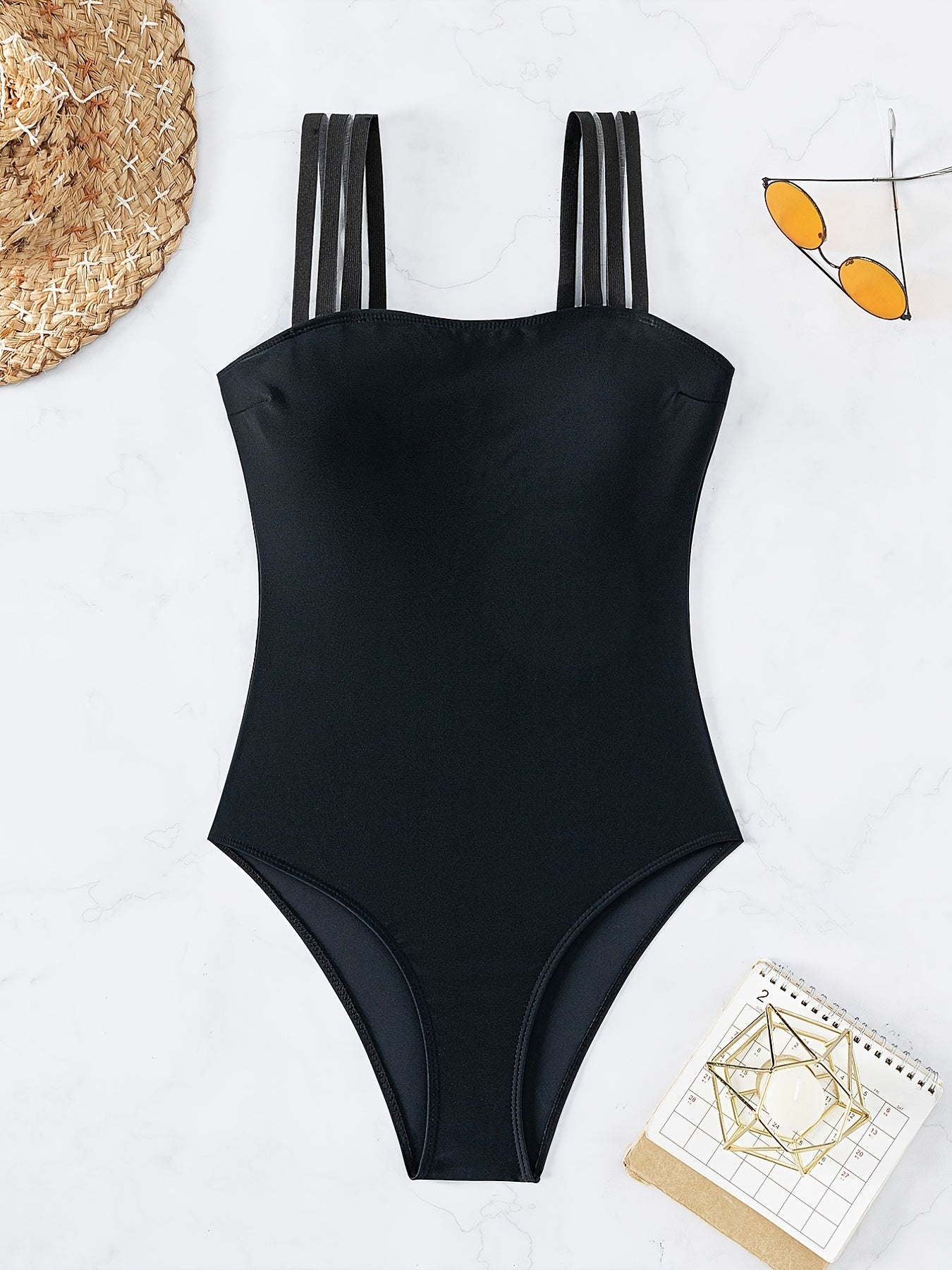 Contrast Straps One Piece Swimsuit High Cut Solid Bathing Suit