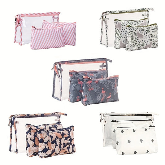 3pcs Flamingo Cactus Clear Makeup Bag Set Travel Toiletry Water resistant
