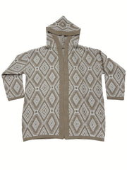  Retro Cardigan Women's Plus Hooded Open Front Geo Pattern Long Sleeve