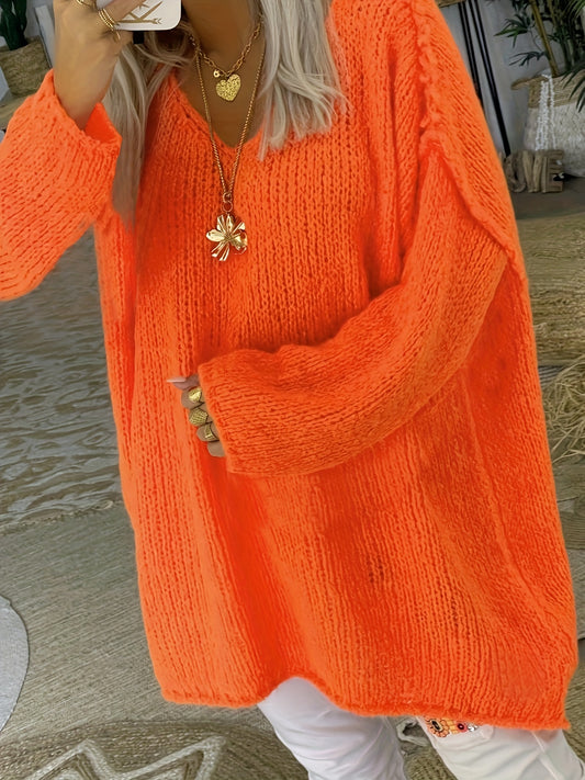  Casual Sweater Women's Solid Knitted Long Sleeve V Neck Pullover