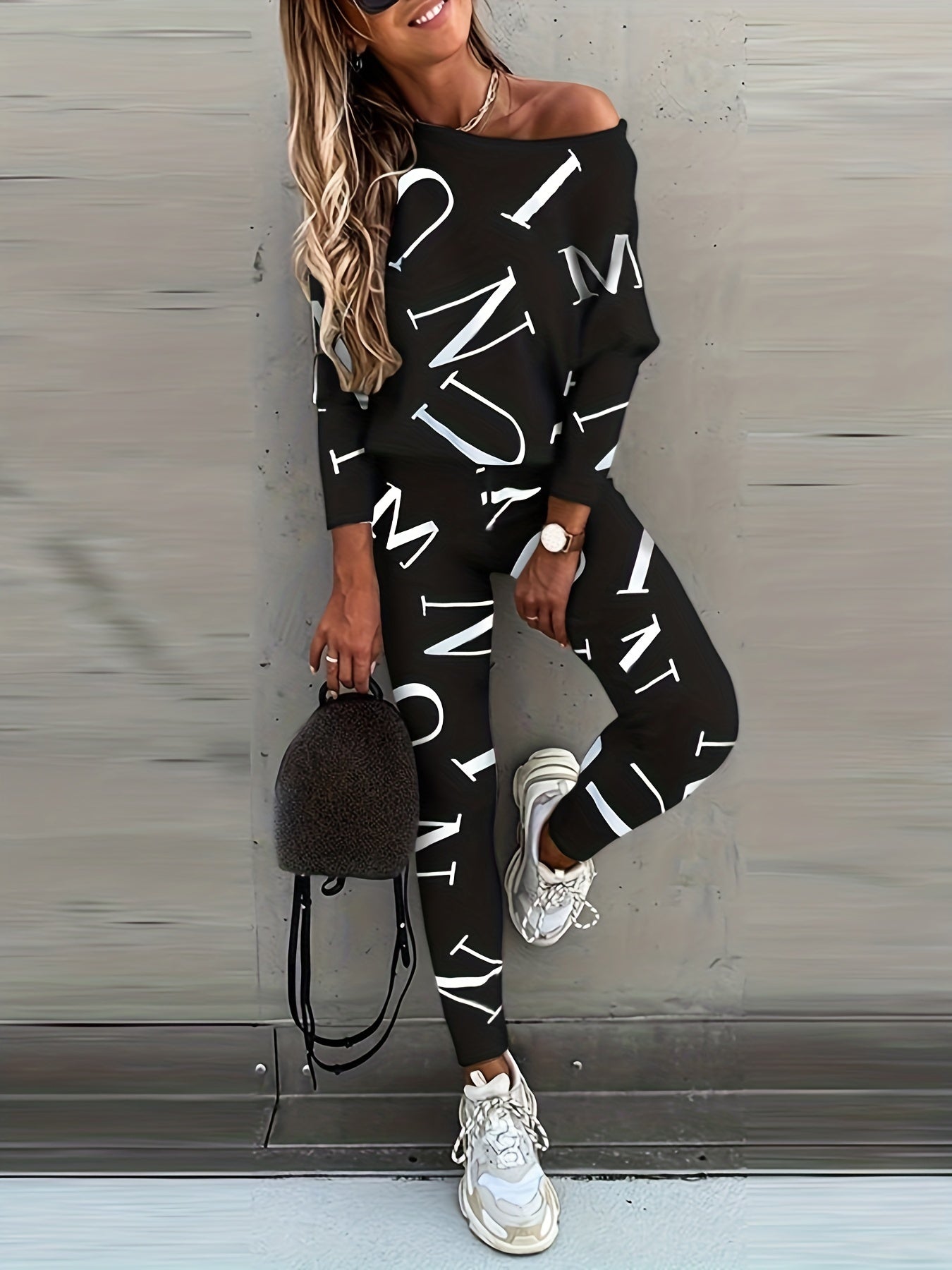 Casual Letter Print Two piece Set Crew Neck Long Sleeve Tops & Slim Pants