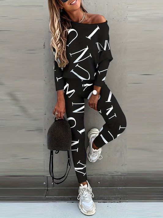 Casual Letter Print Two piece Set Crew Neck Long Sleeve Tops & Slim Pants