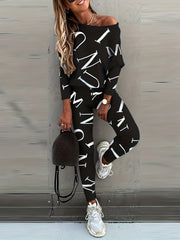 Casual Letter Print Two piece Set Crew Neck Long Sleeve Tops & Slim Pants