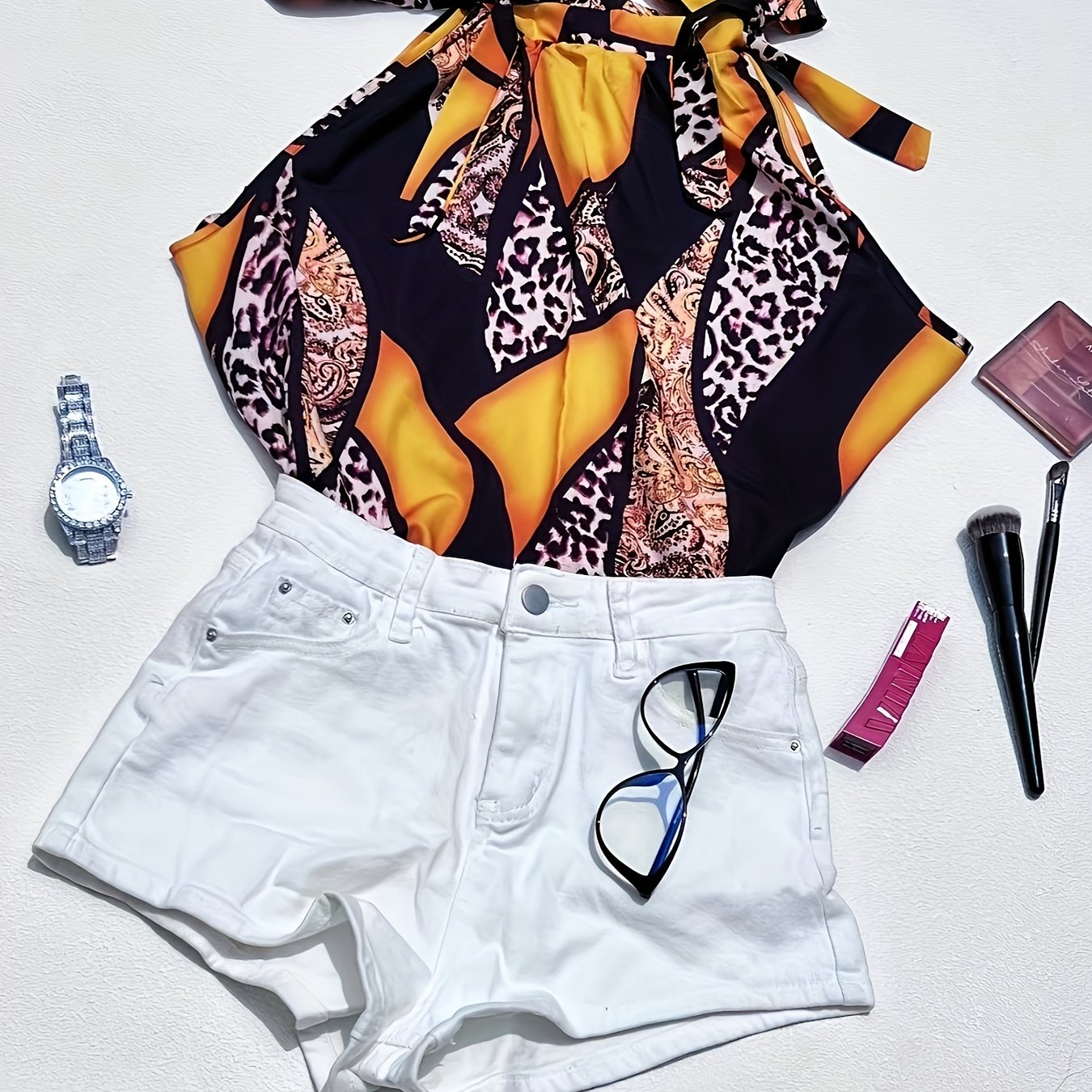  Colorblock Leopard & Baroque Print Knot Mock Neck Blouse