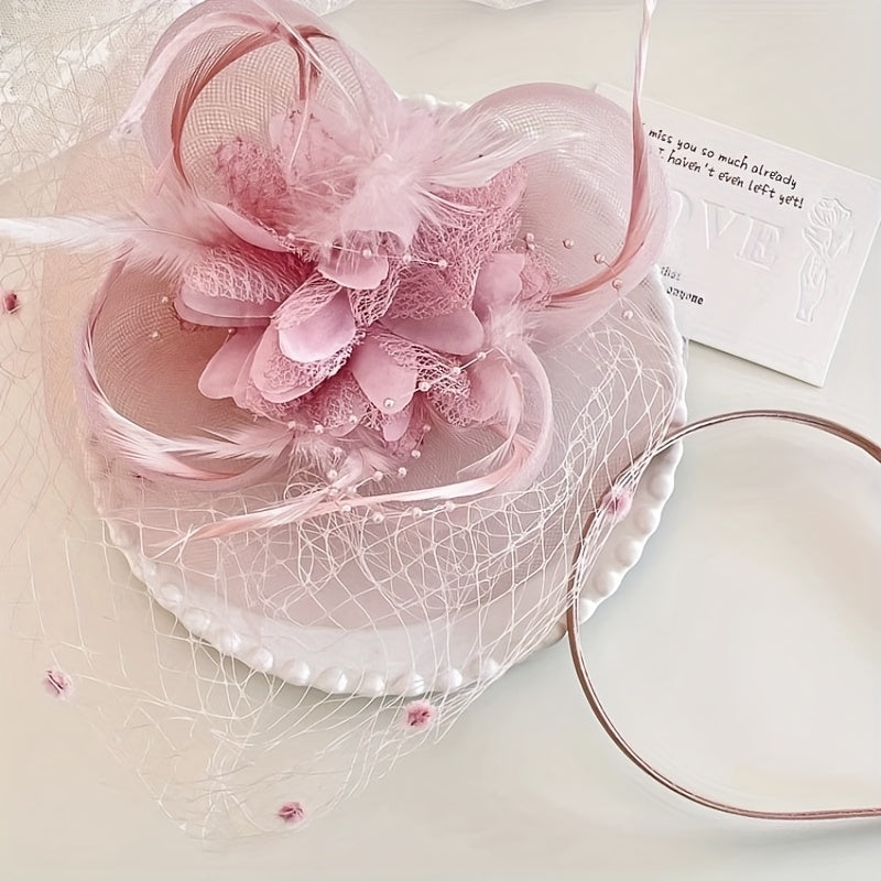 Vintage-Inspired Fascinator Headband with Mesh Veil and Flower