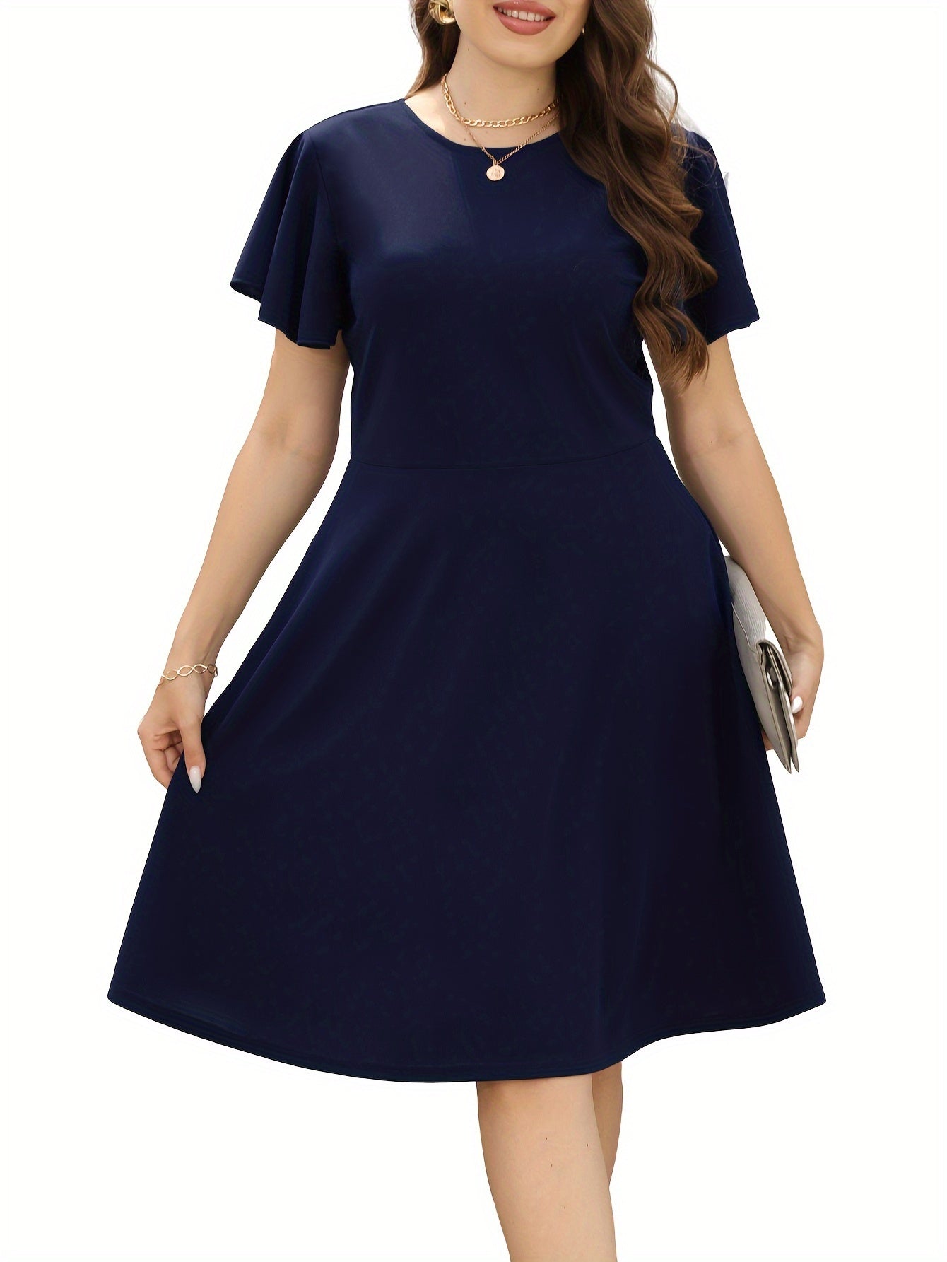  Solid Ruffle Sleeve A-Line Party Dress with Pockets
