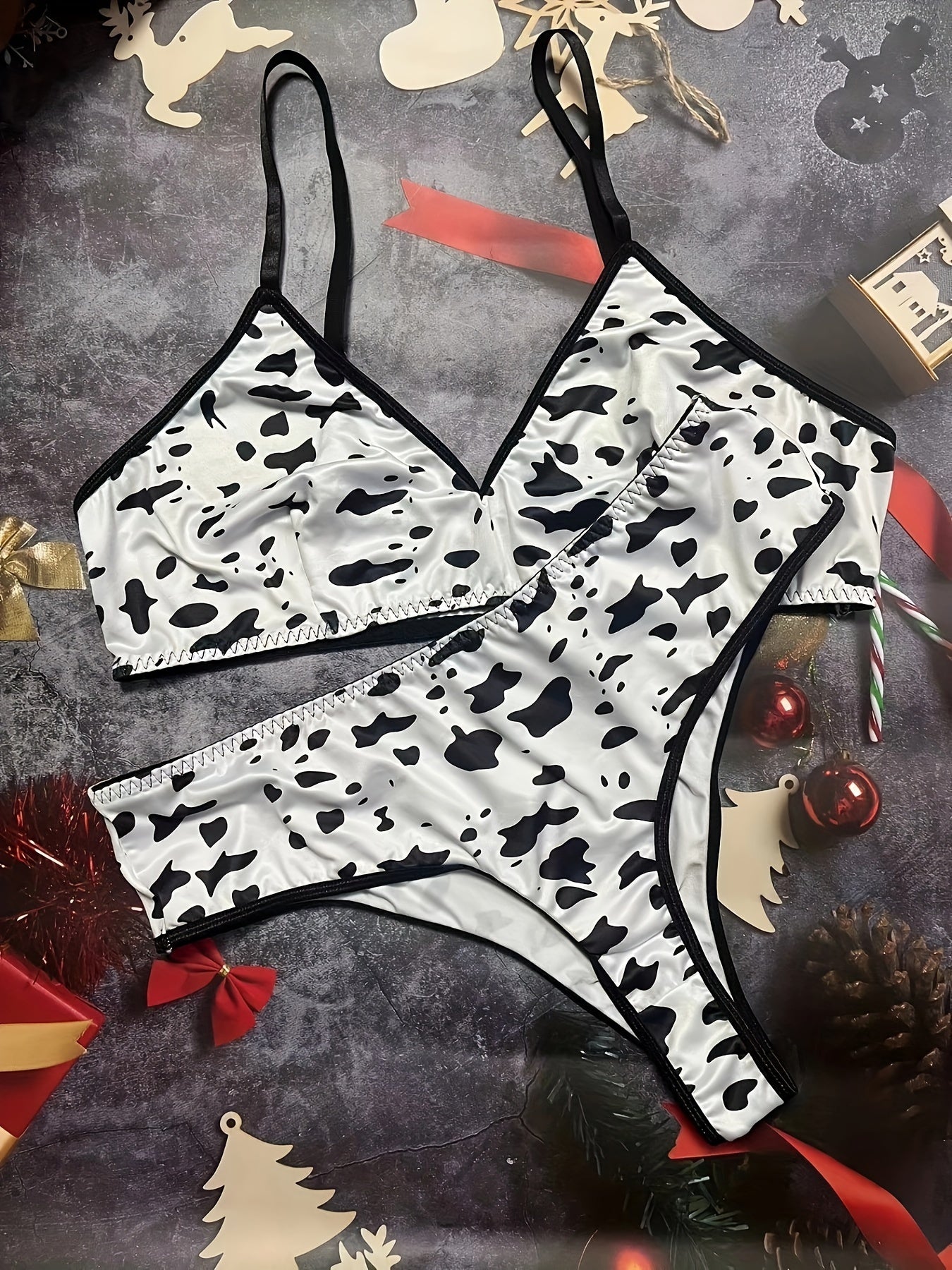  Cow Print V Neck Bra & Panty Lingerie Set