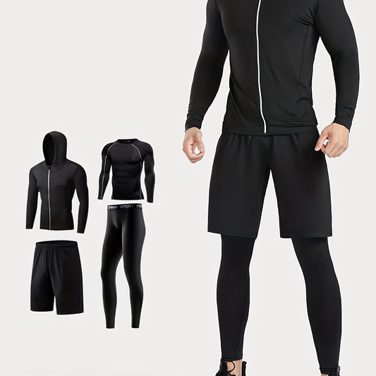 Men's Thermal Underwear Set Hooded Jacket T Shirt Shorts Leggings
