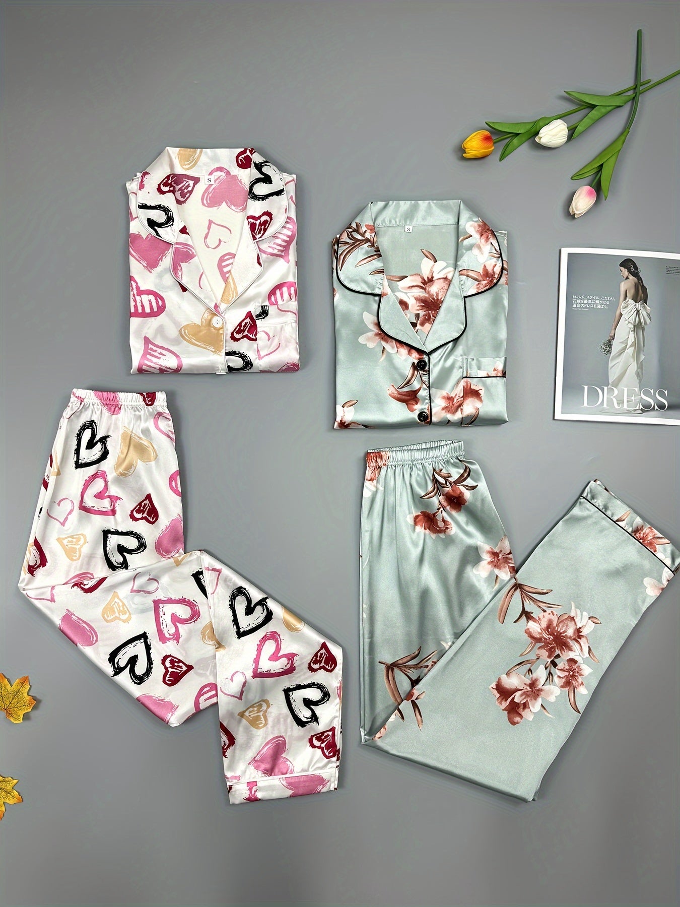 Heart & Floral Print Pajama Set Long Sleeve Buttons Top & Elastic Waistba