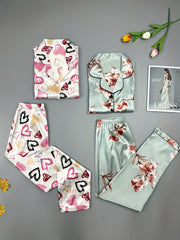 Heart & Floral Print Pajama Set Long Sleeve Buttons Top & Elastic Waistba