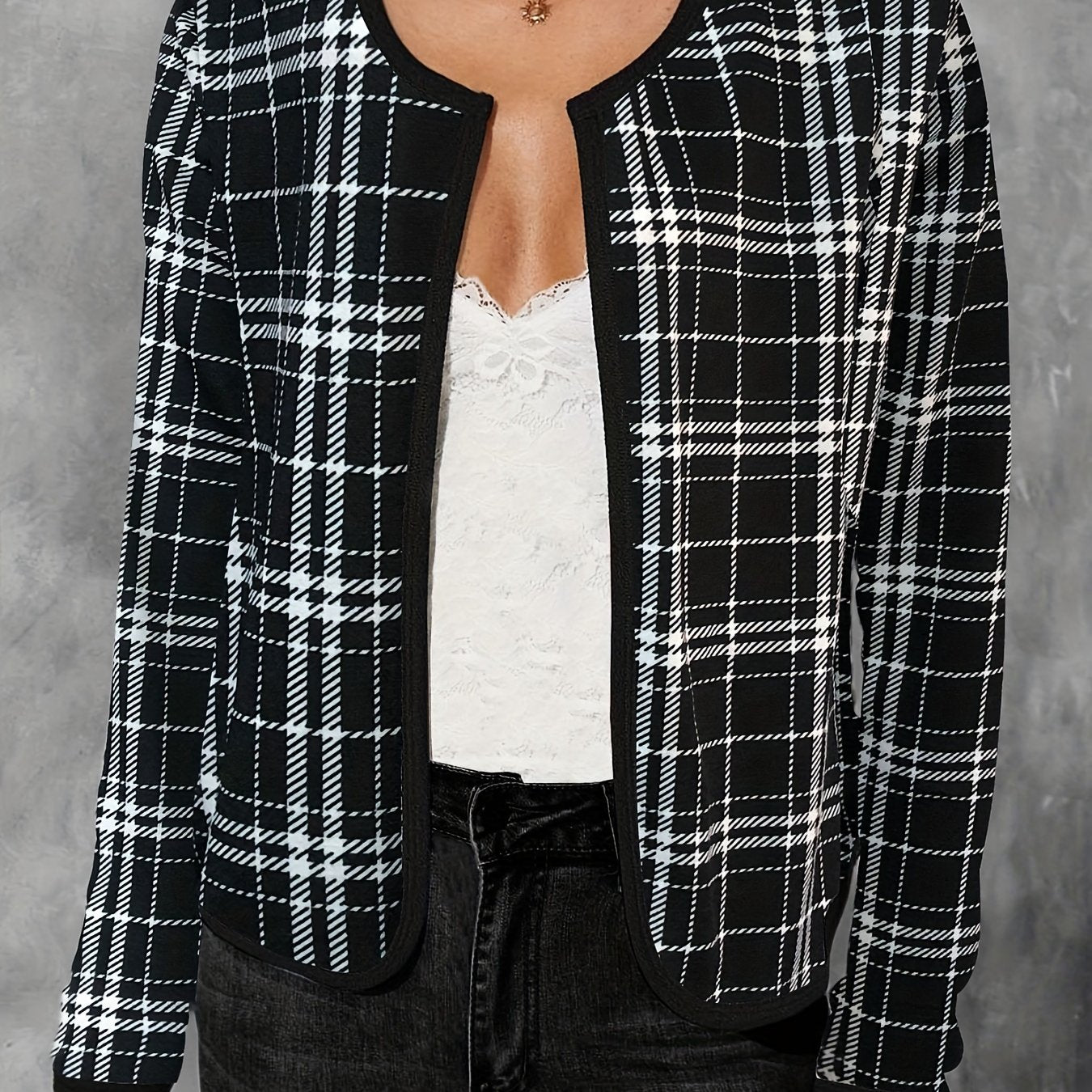 Plaid Print Crew Neck Jacket Open Front Long Sleeve Outerwear