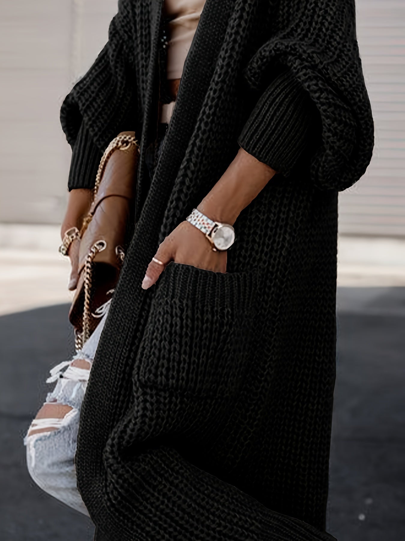  Solid Long Sleeve Open Front Cardigan With Pockets