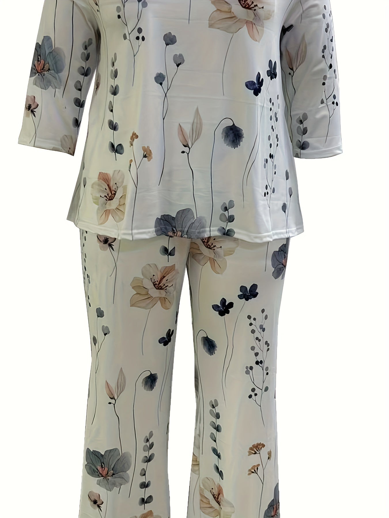  Floral Print Top & Pants Set Round Neck Outfit Two Piece
