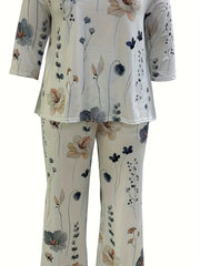  Floral Print Top & Pants Set Round Neck Outfit Two Piece