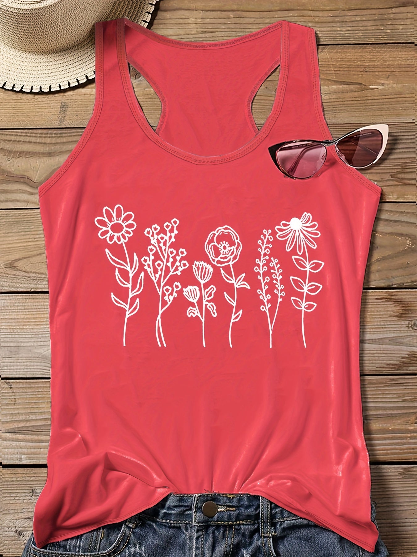  Casual Tank Top Women's Plus Floral Print Round Neck Slight Stretch
