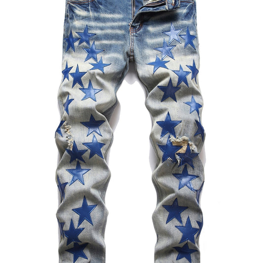 Men's Star Pattern Jeans Punk Style Ripped Denim Pants Outdoor Wear