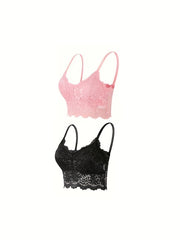 2pcs Lace Wireless Bras Scallop Trim Bralette Women's Lingerie