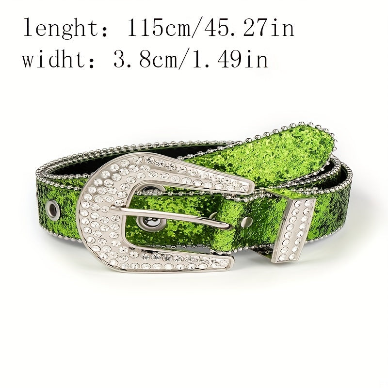 Green Sequin Sparkling Y2K Belt Big Eyelet Hollow Out Punk Rhinestone PU Belt