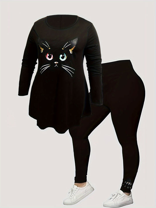 Women's Plus Cat Print Long Sleeve Top & Leggings Outfits Set