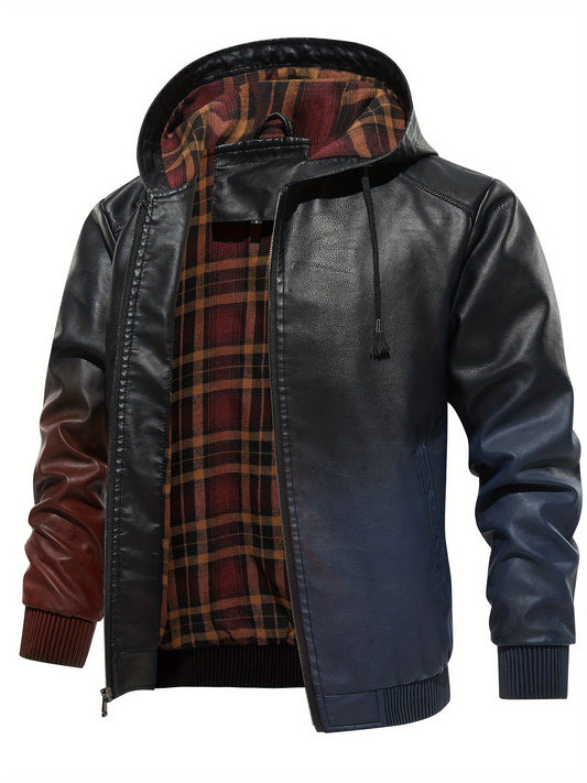 Men's Gradient Pu Leather Hooded Jacket Zip Up Windproof Jacket