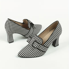 Women's Houndstooth Pumps Bowknot Slip On Chunky Heels