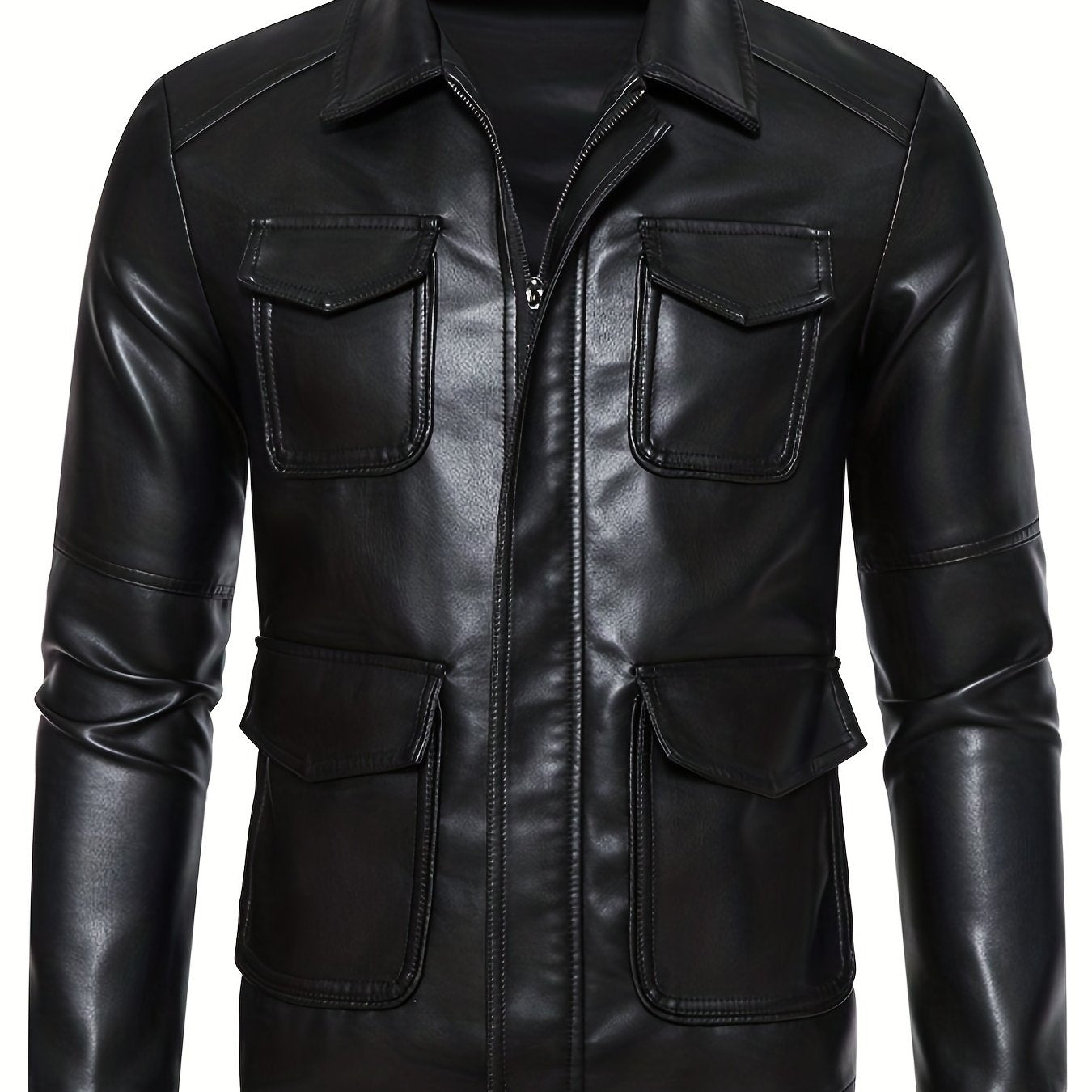 Men's Flap Pockets PU Biker Jacket