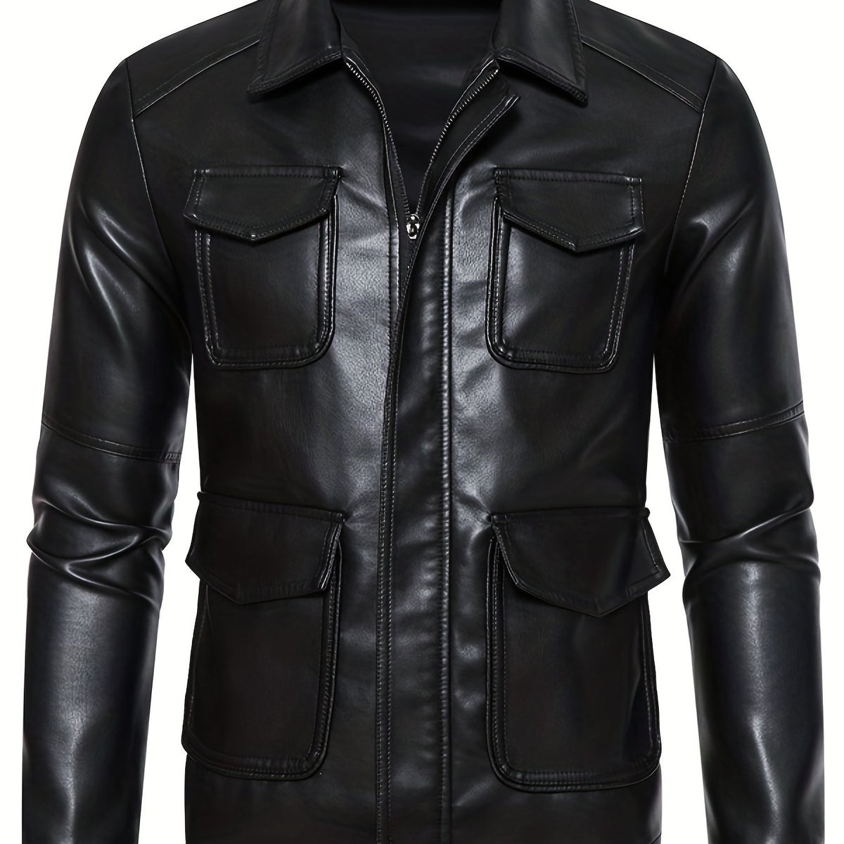 Men's Flap Pockets PU Biker Jacket