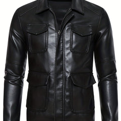Men's Flap Pockets PU Biker Jacket