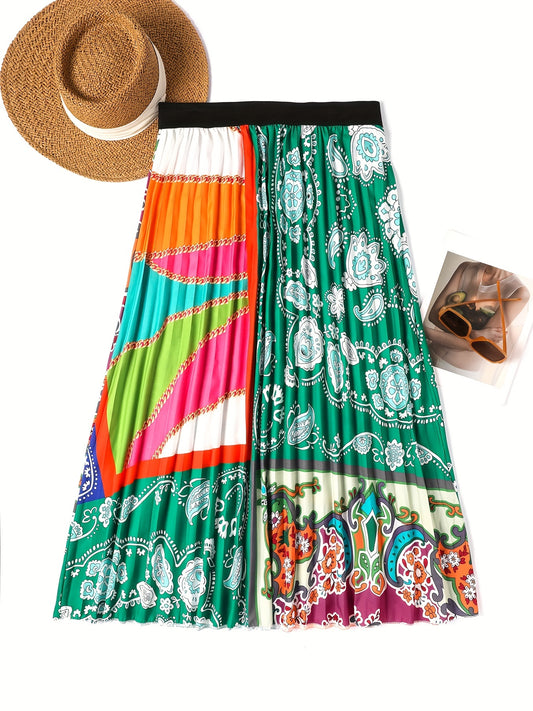  Colorblock Paisley Print Pleated Skirt