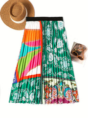  Colorblock Paisley Print Pleated Skirt