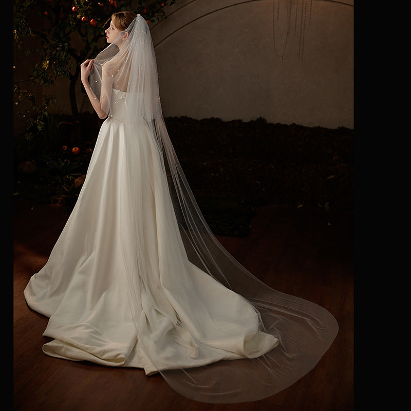 Beaded Bridal Veil with Long Train Double Layer Bowknot for Weddings