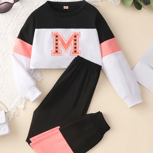 Girls M Letter Print Sweatshirt & Pant Set Kids Clothes