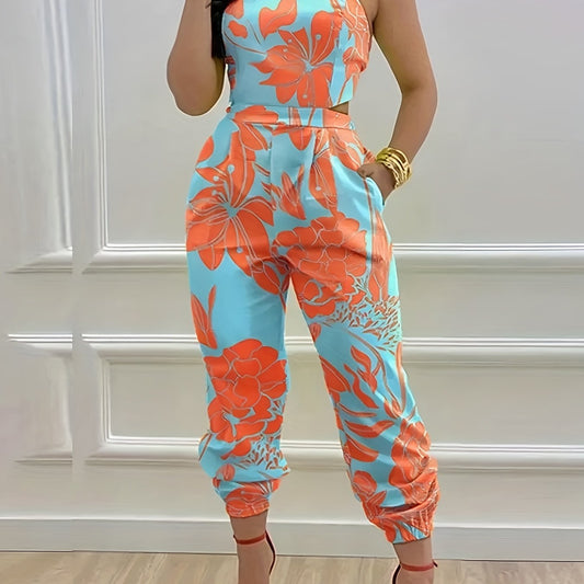 Floral Print Joggers Jumpsuit Tie Back Sleeveless