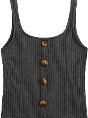 Ribbed Button Tank Top Crew Neck Sleeveless