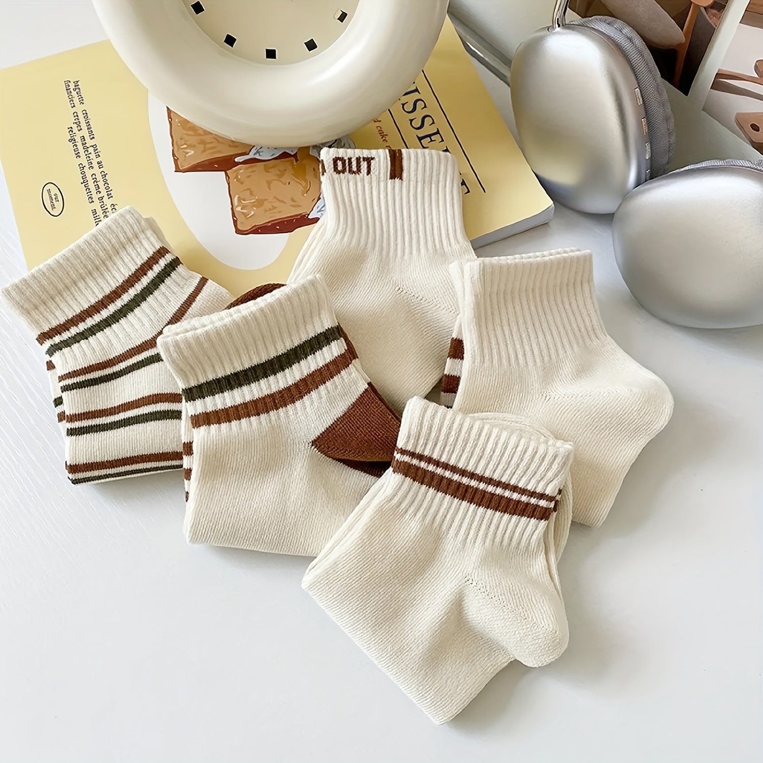 5 Pairs Striped Short Socks Comfy & Breathable Women's Stockings
