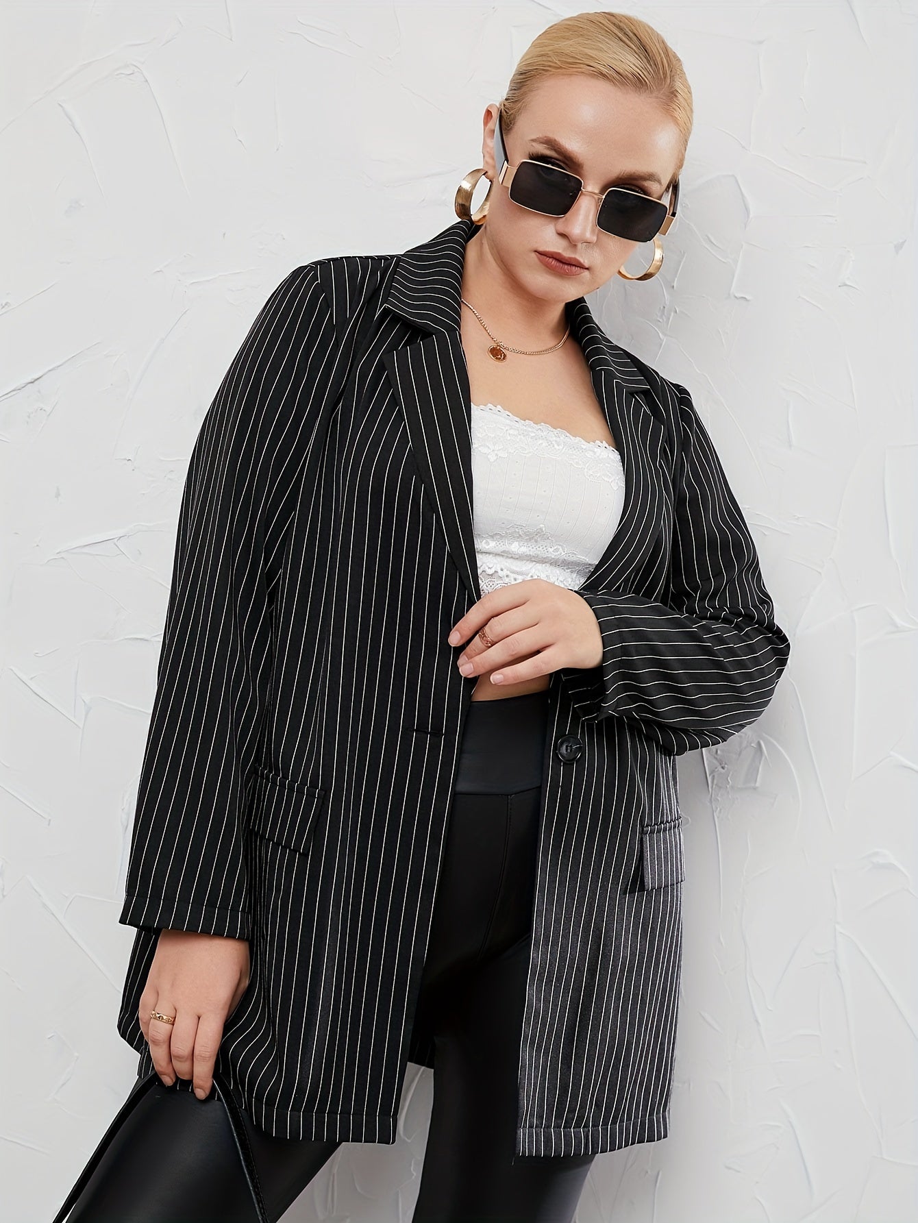  Stripe Print Long Sleeve Blazer
