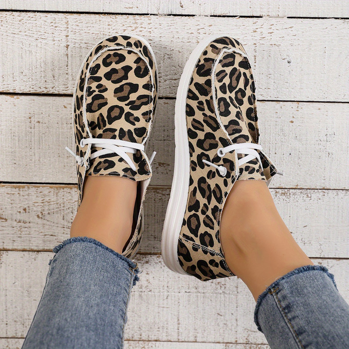 Leopard Print Canvas Shoes Lace Up Lightweight Outdoor Loafers