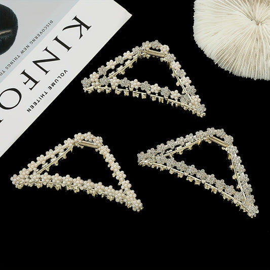 Triangle Shape Hair Claw Faux Pearl Rhinestone Ponytail Holder